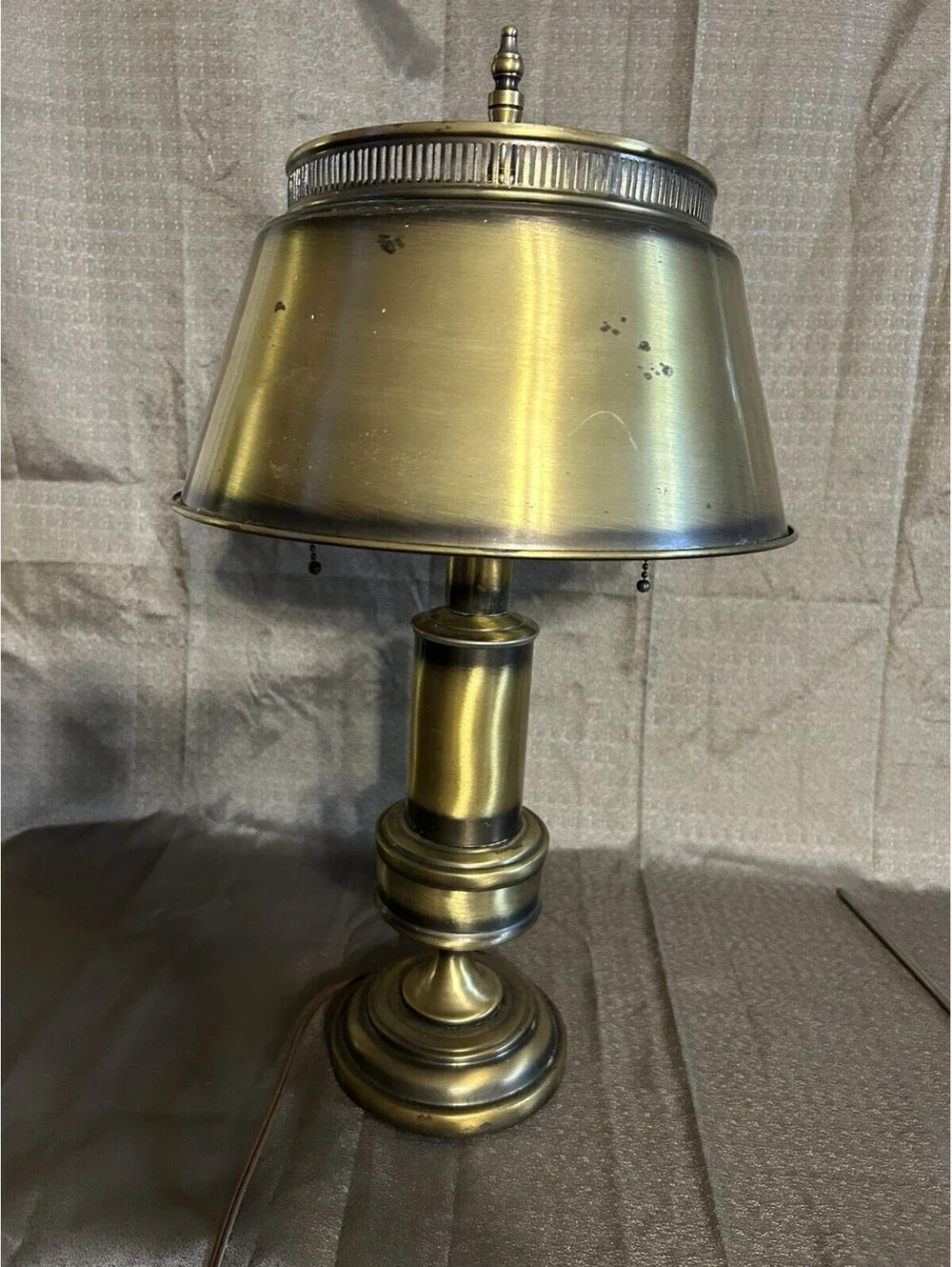 Vintage Bouillotte Style Lamp Brushed Brass Finish W/ 2 Pulls Metal Shade